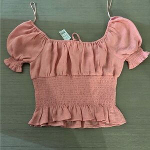 Love Tree Dusty Rose Smocked Ruffle Off-the-Shoulder Crop Top